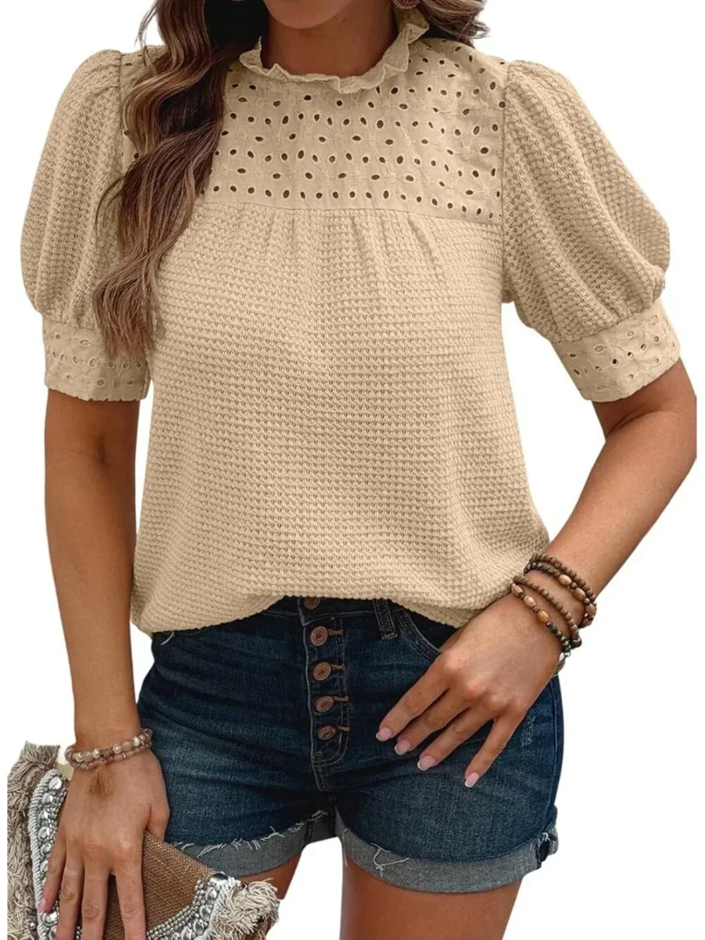 Womens Tops Blouses for Women Dressy Casual Waffle Frill Trim Eyelet Embroidery